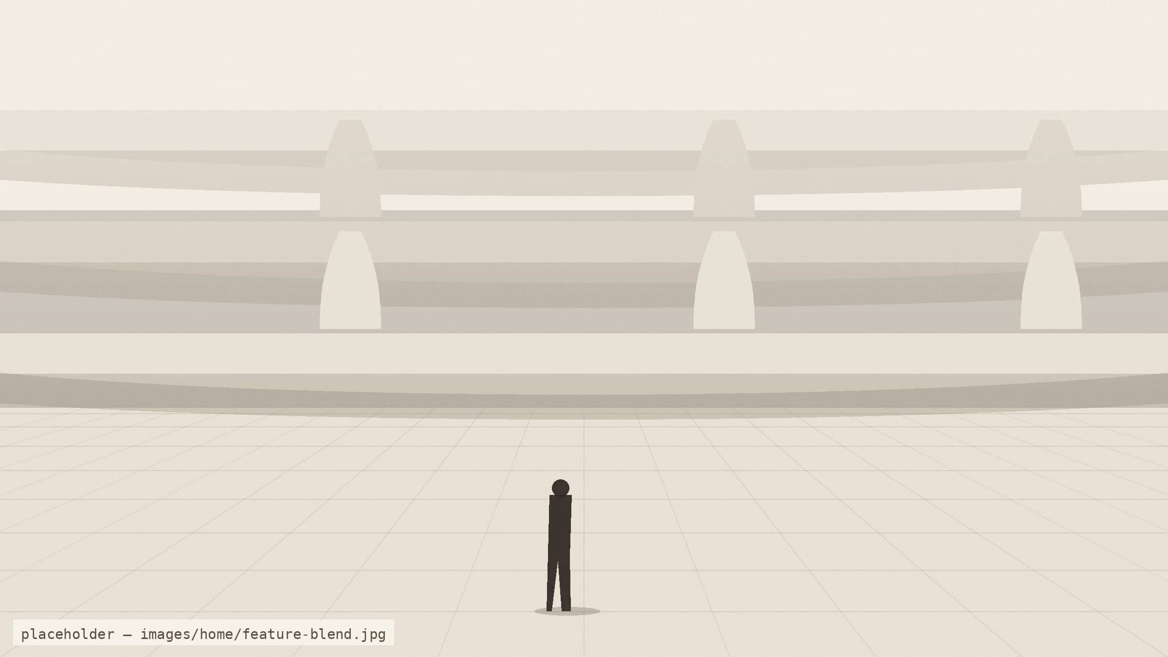 Sweeping curved concrete floor plates on tapered columns around a pale limestone courtyard, one figure walking through